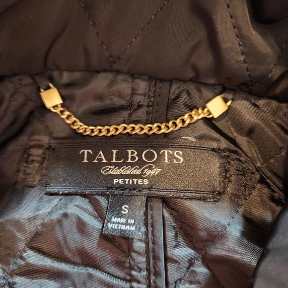 TALBOTS Black Gold Quilted Short Trenchcoat Pockets Classic Women Petite Small S - Picture 4 of 10